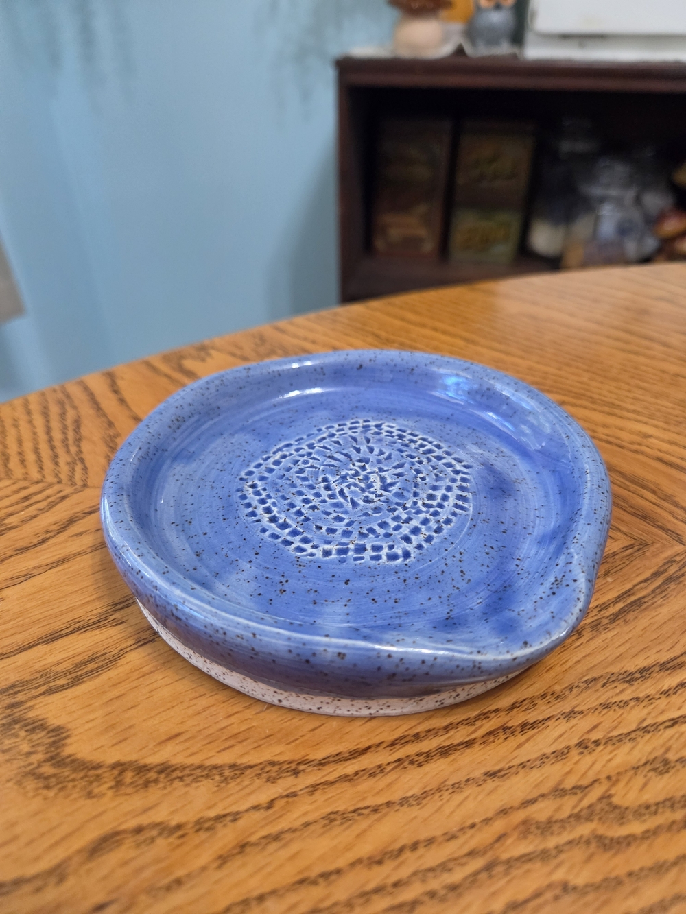 Handcrafted Blue Speckled Stoneware Ceramic Garlic Herb Grater Dish Spoon Rest